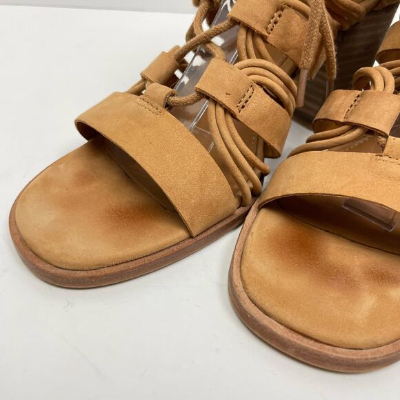 Vince Camuto | Kaiann Tan Suede Leather Lace Up Cut Out Block Heel Sandals - Picture 7 of 11